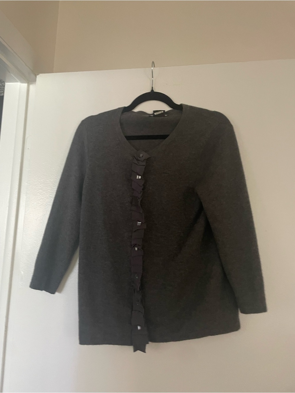 Bloomingdale's Dark Gray Ruffle-Front Cashmere cardigan.